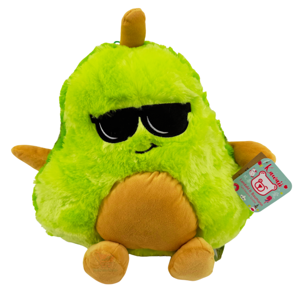 Knallgrüne Plüsch-Avocado mit schwarzer Sonnenbrille und braunem Kern-Bauch, ca. 38 cm